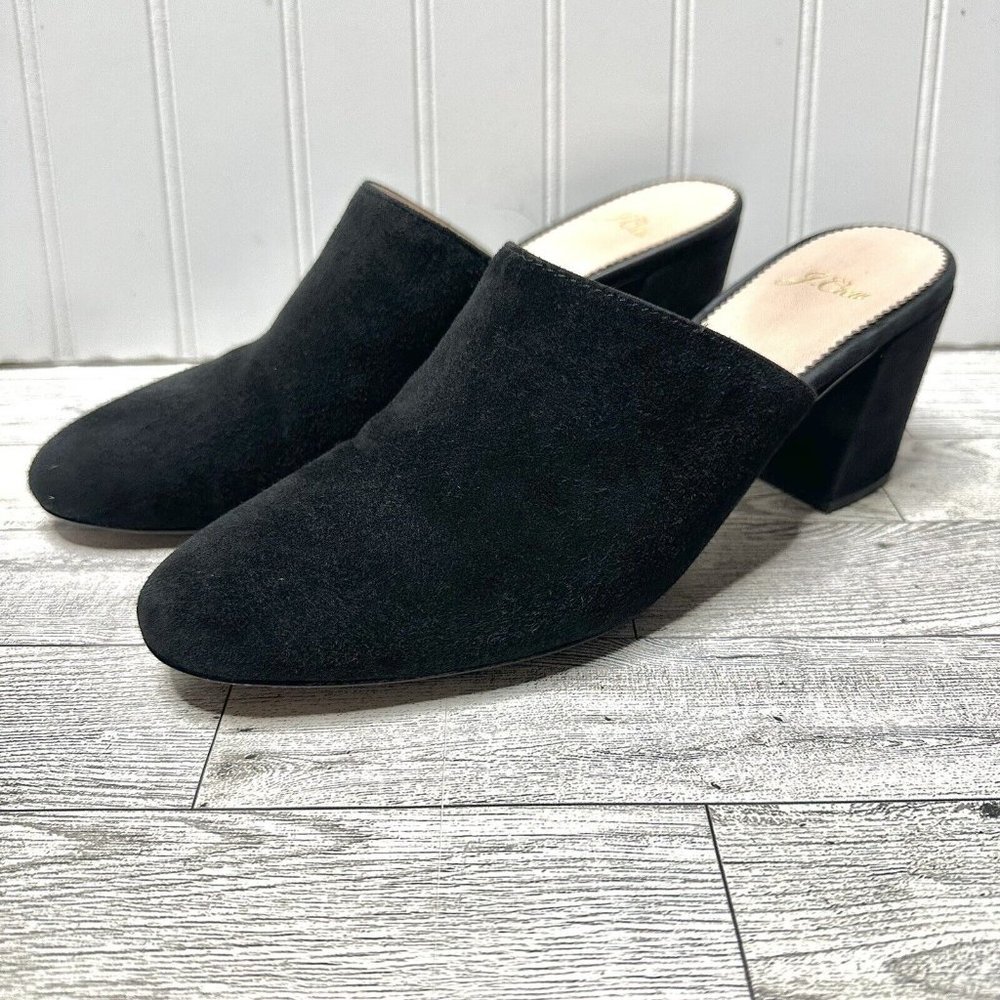 J. Crew Mules Size 9 Black Suede Shoes Heels Slide Slip On Leather Lining